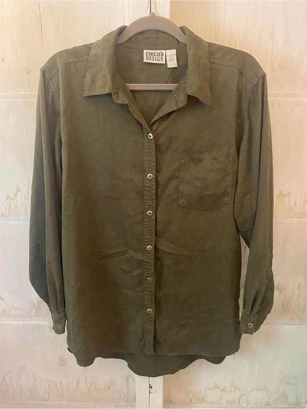 Vtg Chico's Olive Green Faux Suede Long-Sleeve Button-Down Shirt